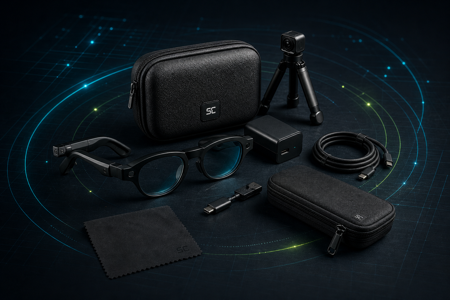 Smart glasses, travel case, tripod, cable, charger, and tech pouch arranged as a carry kit