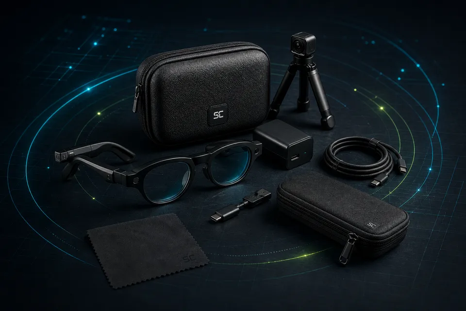 Smart glasses, travel case, tripod, cable, charger, and tech pouch arranged as a carry kit